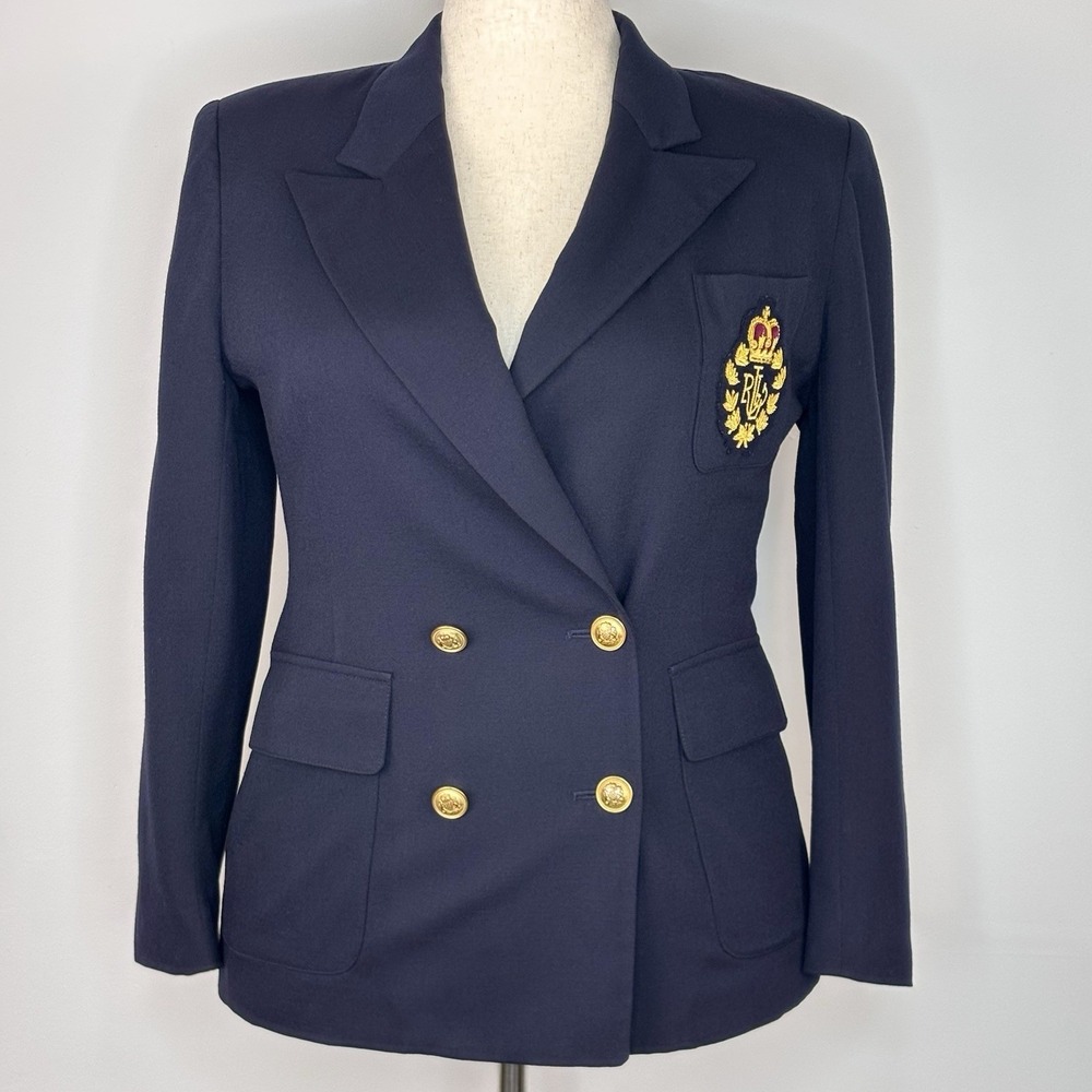 Vintage Lauren Ralph Lauren Blazer Women 16 Navy Wool Gold Crest Double Breasted